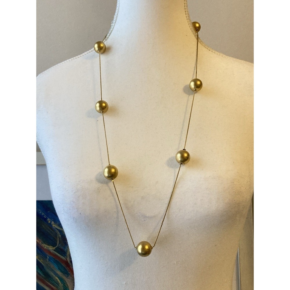 Gold Tone Round Ball‎ Bead Station Necklace Long Minimalist Classic Glam Couture
